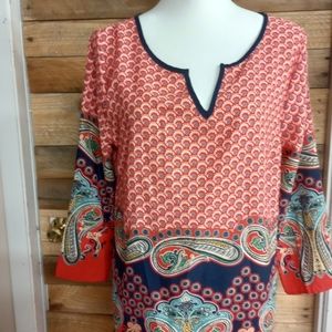 Split Neck 3/4 Sleeve Pullover Paisley Tunic Top by Miami Large, Lightweight